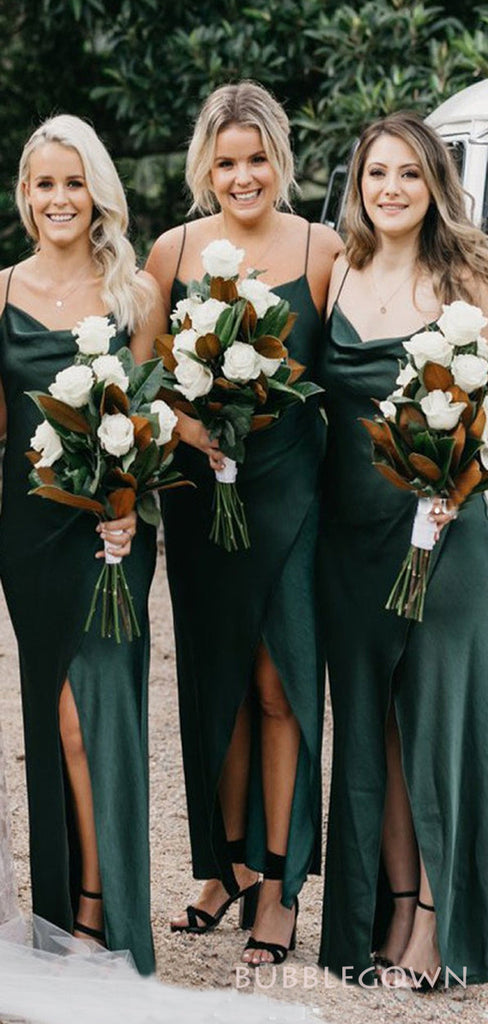 Dark Green Satin Spaghetti Straps Mermaid Long Bridesmaid Dresses , BGB0010