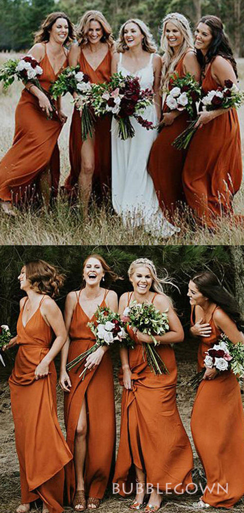 Burnt Orange Spaghetti Straps Side Slit Cheap Long Bridesmaid Dresses , BGB0011