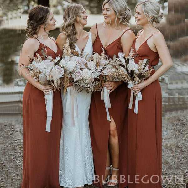 Simple Rust Spaghetti Straps V-neck Cheap Long Bridesmaid Dresses , BGB0013