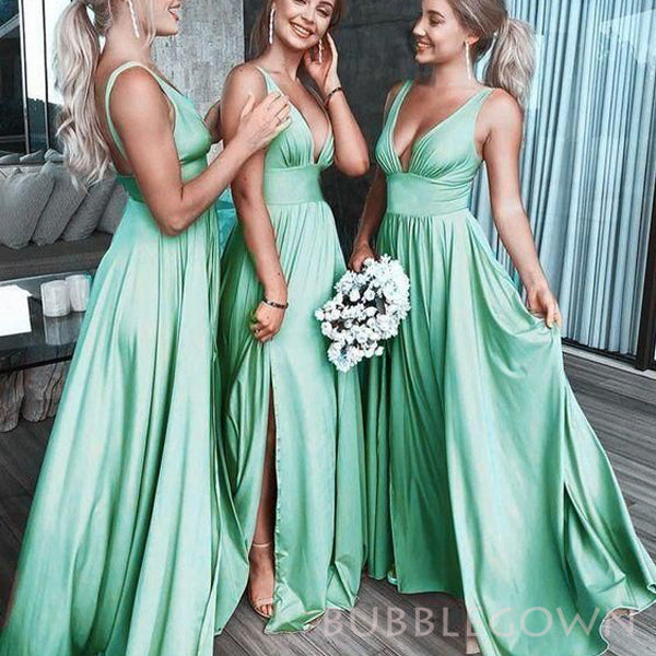 Simple Sage Jersey V-neck Cheap Long Bridesmaid Dresses , BGB0021