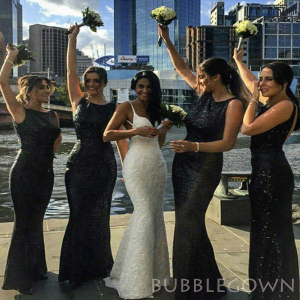 Mermaid Black Sequins Long Custom Bridesmaid Dresses , BGB0028