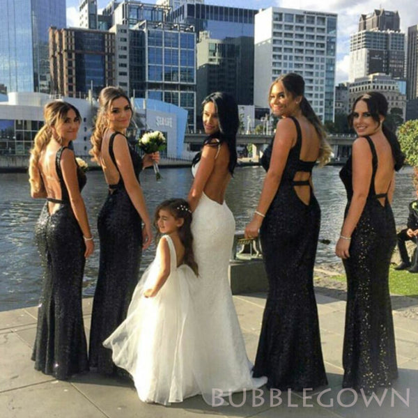 Mermaid Black Sequins Long Custom Bridesmaid Dresses , BGB0028