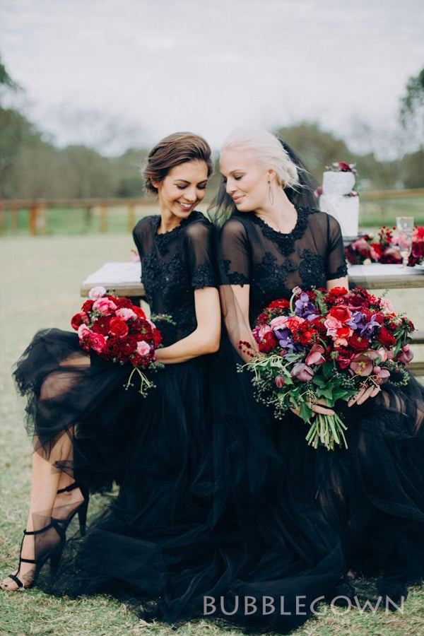 A-line Black Tulle Appliques Short Sleeves Long Custom Bridesmaid Dresses ,BGB0032