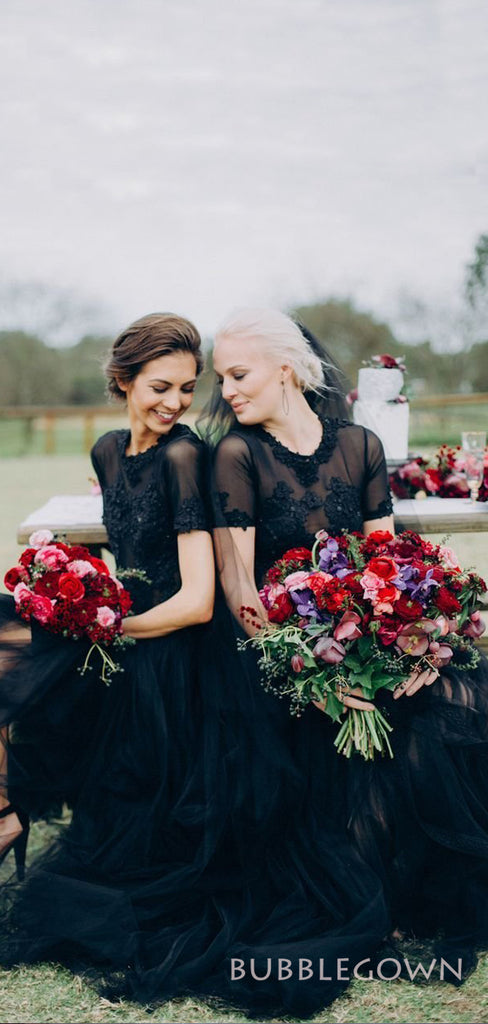 A-line Black Tulle Appliques Short Sleeves Long Custom Bridesmaid Dresses ,BGB0032