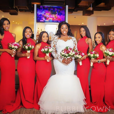 Mermaid Red Halter Sleeveless Cheap Long Custom Bridesmaid Dresses , BGB0042