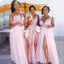 Pink A-line Chiffon Appliques Cheap Side Slit Long Custom Bridesmaid Dresses , BGB0050