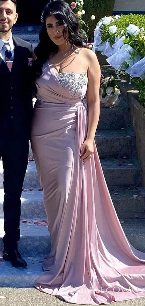 One Shoulder Satin Beaded Mermaid Cheap Long Custom Bridesmaid Dresses , BGB0051