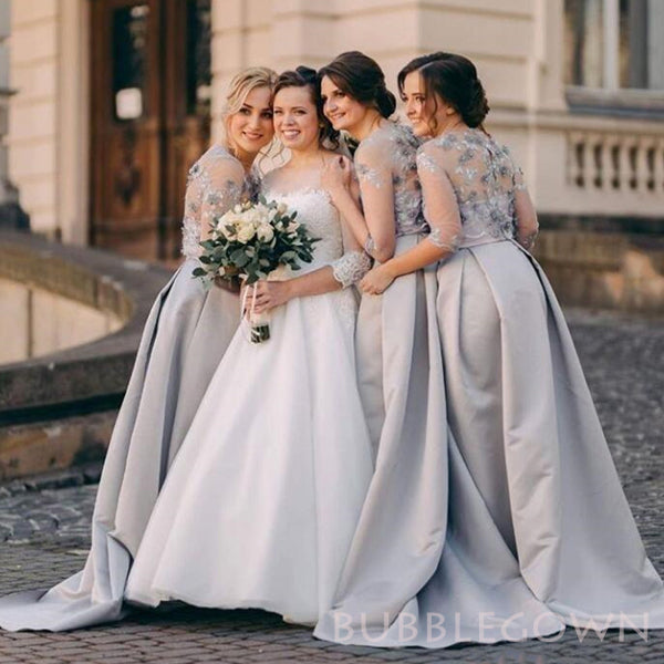 Long Sleeves Silver Grey Satin Appliques A-line Cheap Long Custom Bridesmaid Dresses , BGB0057