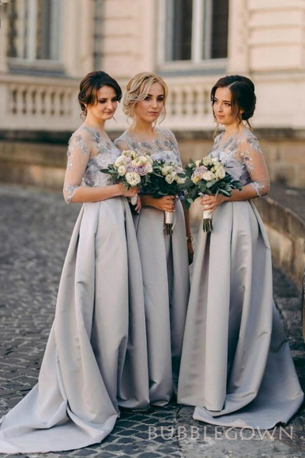 Long Sleeves Silver Grey Satin Appliques A-line Cheap Long Custom Bridesmaid Dresses , BGB0057