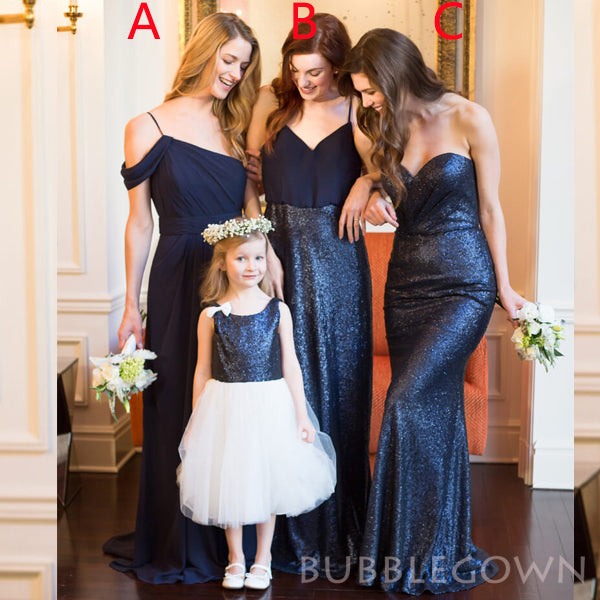 Mismatched Navy Blue Chiffon Sequins Cheap Long Custom Bridesmaid Dresses , BGB0060