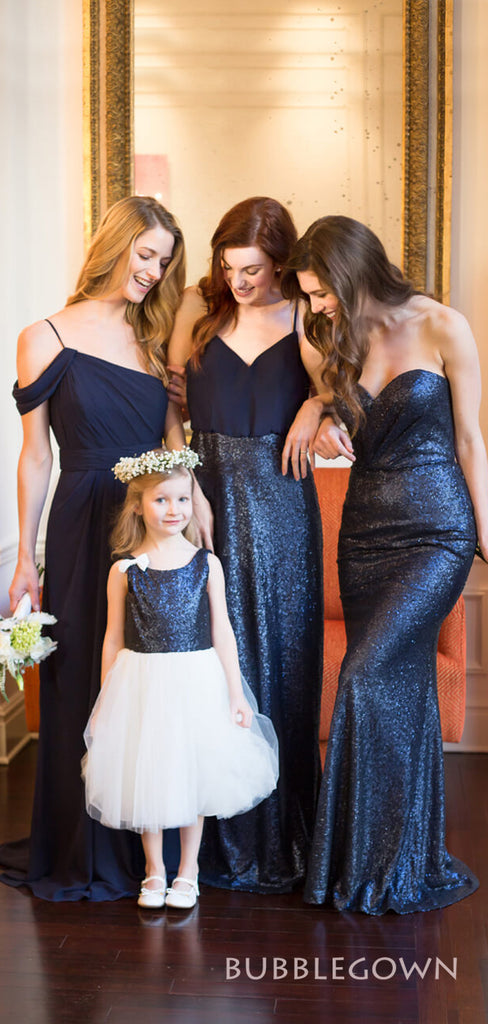 Mismatched Navy Blue Chiffon Sequins Cheap Long Custom Bridesmaid Dresses , BGB0060