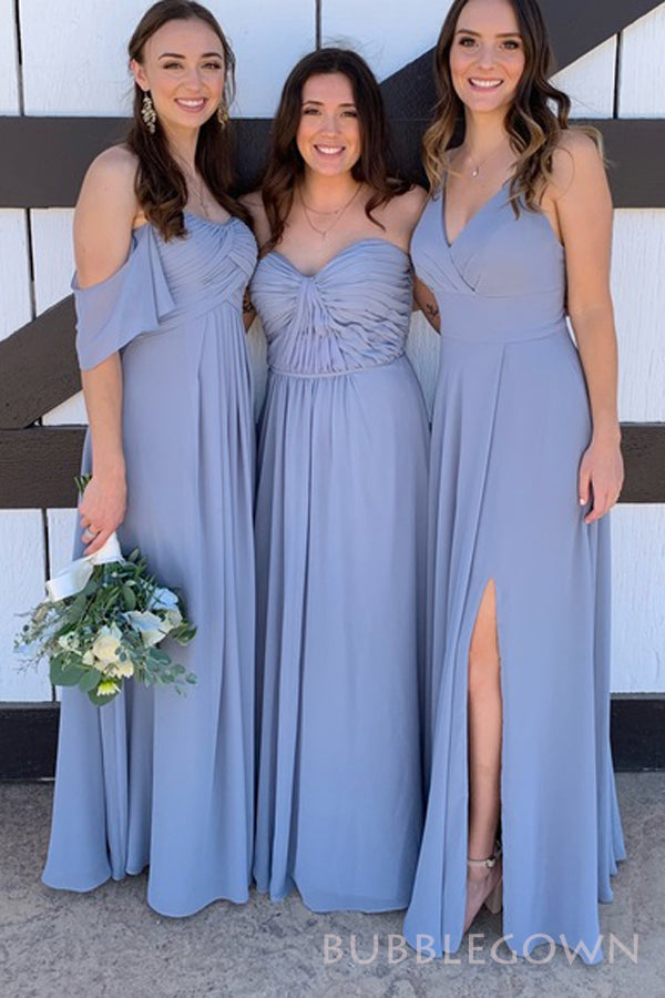 Mismatched Dusty Blue Chiffon A-line Cheap Long Custom Bridesmaid Dresses , BGB0064