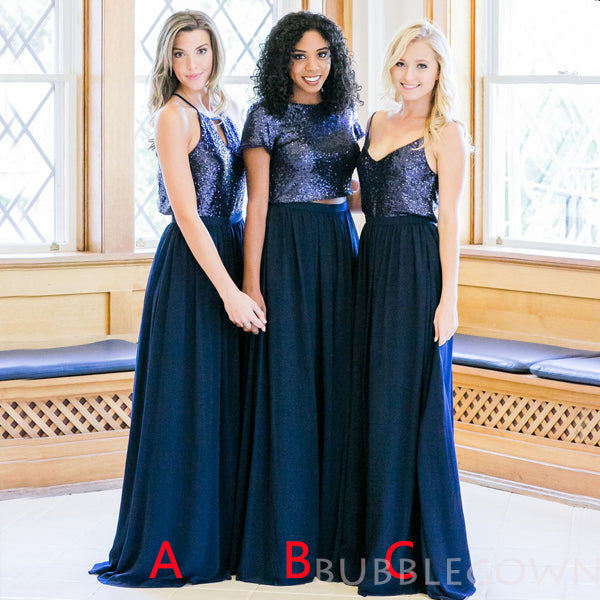 A-line Mismatched Navy Blue Sequins Chiffon Cheap Long Custom Bridesmaid Dresses , BGB0065