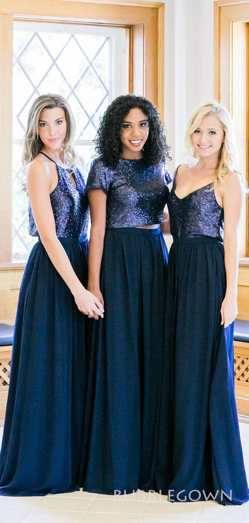 A-line Mismatched Navy Blue Sequins Chiffon Cheap Long Custom Bridesmaid Dresses , BGB0065