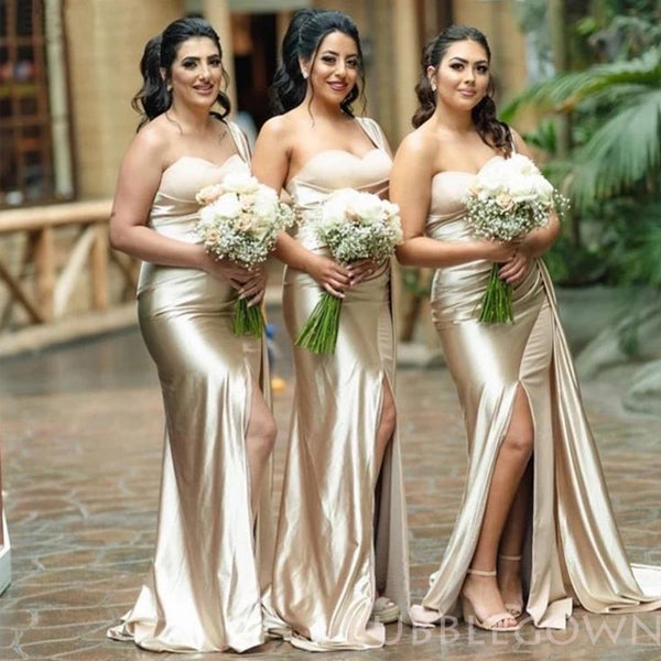 Popular Champagne Satin One Shoulder Mermaid Cheap Long Custom Bridesmaid Dresses , BGB0067