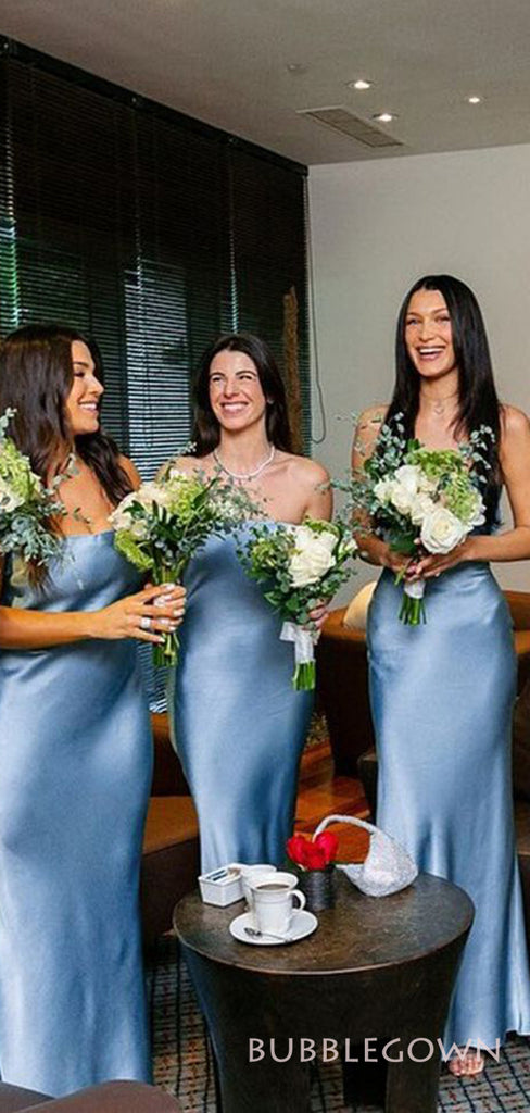 Sexy Strapless Blue Satin Mermaid Long Custom Side Slit Bridesmaid Dresses, BGB0076