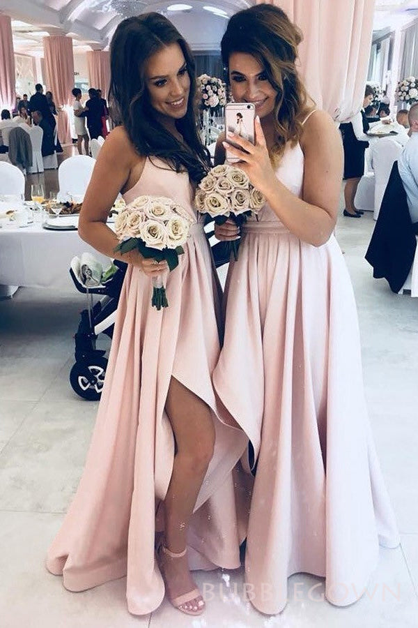 A-line Pink Spaghetti Straps Long Custom Side Slit Bridesmaid Dresses, BGB0080