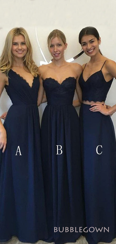 Mismatched Navy Blue Long Custom A-line Bridesmaid Dresses, BGB0081