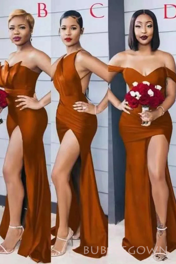 Burnt Orange Satin Mismatched Mermaid Side Slit Long Custom Bridesmaid Dresses, BGB0093