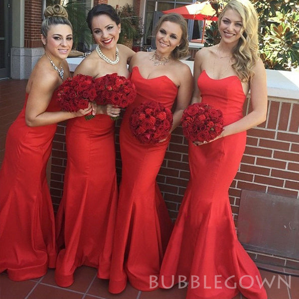 Mermaid Red Satin Strapless Long Custom Bridesmaid Dresses, BGB0094