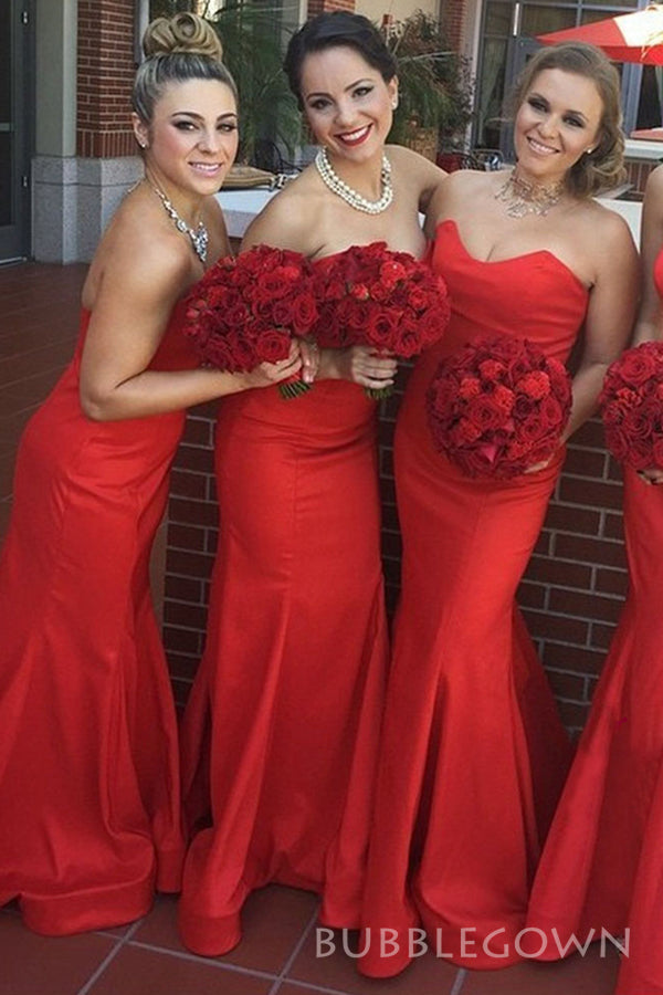 Mermaid Red Satin Strapless Long Custom Bridesmaid Dresses, BGB0094