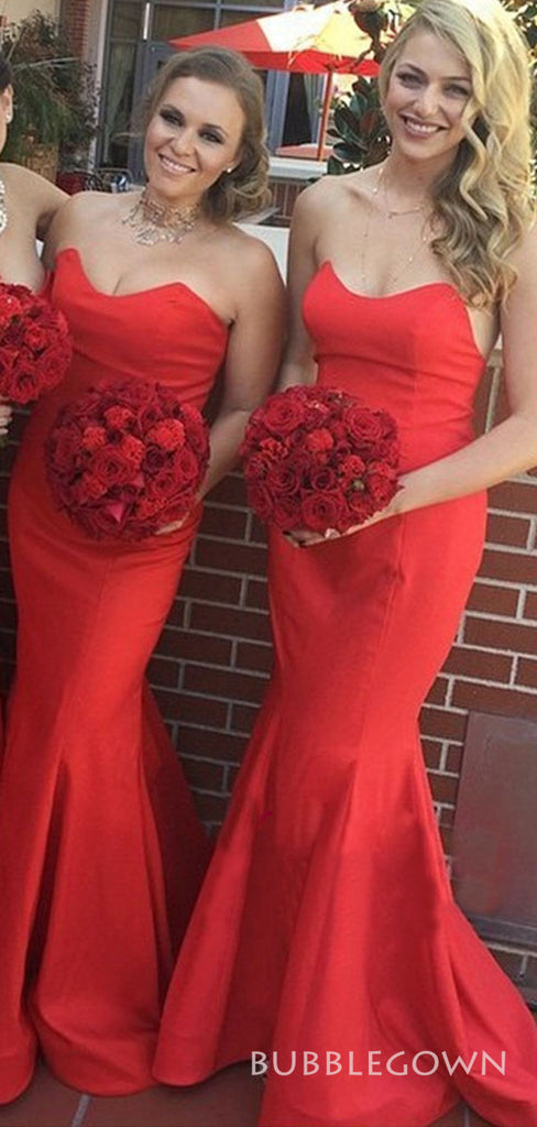 Mermaid Red Satin Strapless Long Custom Bridesmaid Dresses, BGB0094