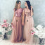 Morden A-line Tulle Sequins Cheap Long Custom Short sleeves Bridesmaid Dresses, BGB0098