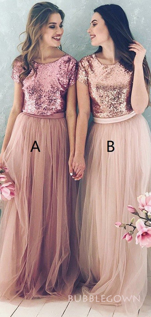 Morden A-line Tulle Sequins Cheap Long Custom Short sleeves Bridesmaid Dresses, BGB0098