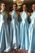 A-line Sky Blue Satin Halter Long Custom Bridesmaid Dresses, BGB0108