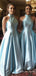 A-line Sky Blue Satin Halter Long Custom Bridesmaid Dresses, BGB0108