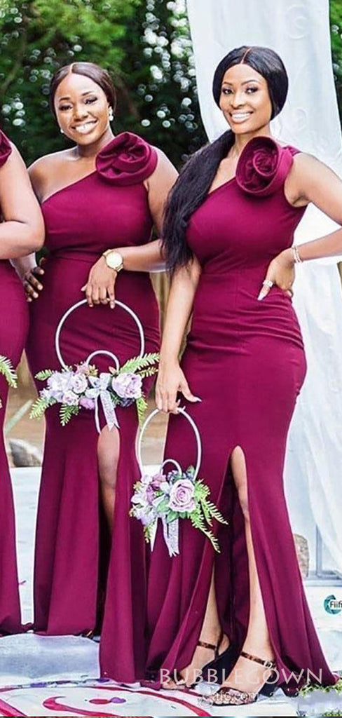 One Shoulder Satin Mermaid Side Slit  Long Custom Bridesmaid Dresses, BGB0109