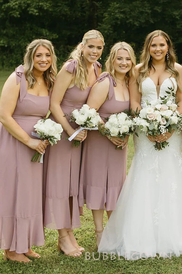 Sexy Dusty Rose Straps Long Custom Side Slit Bridesmaid Dresses, BGB0112