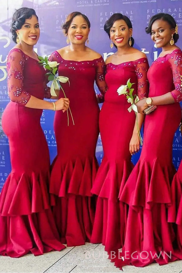 Mermaid Red Long Sleeves Long Custom Appliques Bridesmaid Dresses, BGB0118