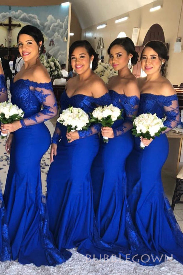 Royal Blue Appliques Mermaid Long Custom Long Sleeves Bridesmaid Dresses, BGB0120