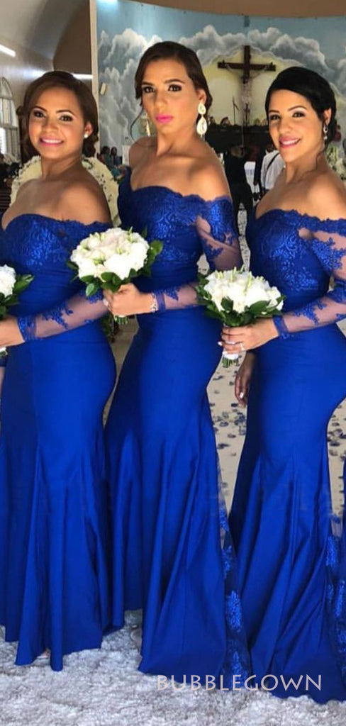 Royal Blue Appliques Mermaid Long Custom Long Sleeves Bridesmaid Dresses, BGB0120