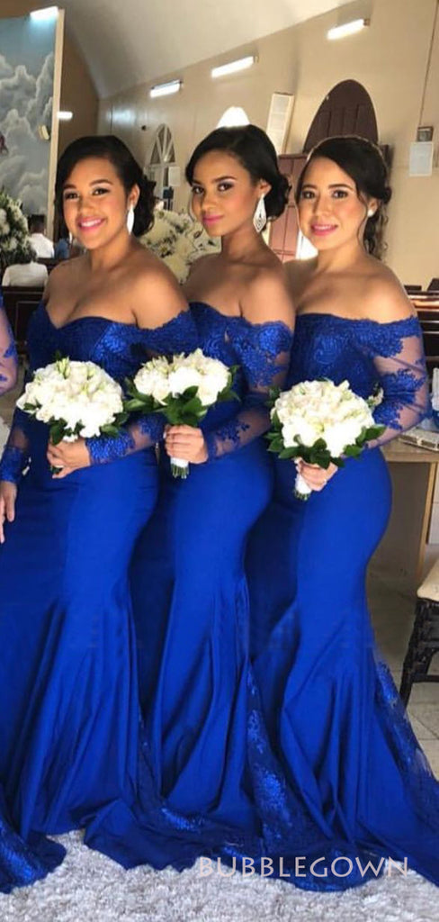 Royal Blue Appliques Mermaid Long Custom Long Sleeves Bridesmaid Dresses, BGB0120