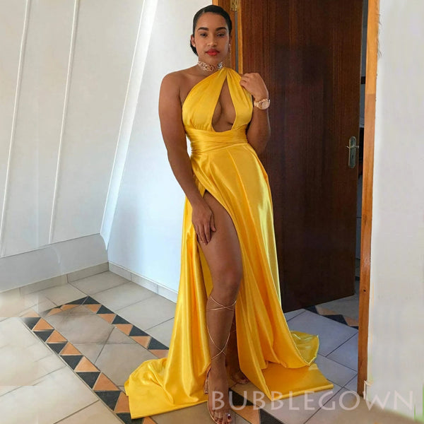 Yellow Satin One Shoulder Long Custom High Slit Bridesmaid Dresses, BGB0123