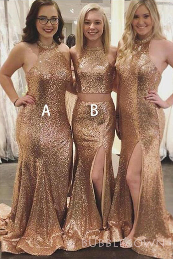 Sparkly Halter Mismatched Gold Sequins Mermaid Long Custom Bridesmaid Dresses, BGB0132