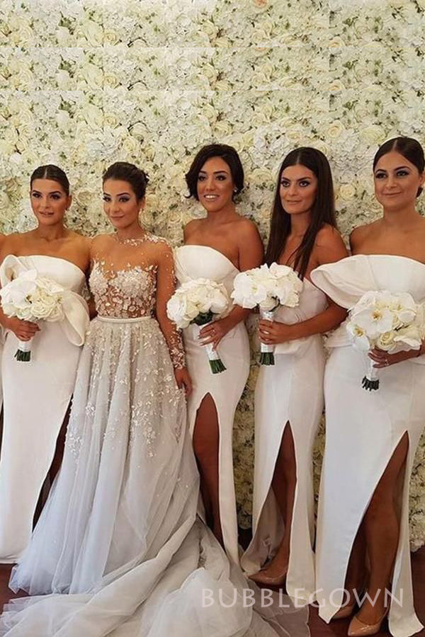 Strapless Mermaid White Long Custom Side Slit Bridesmaid Dresses, BGB0133