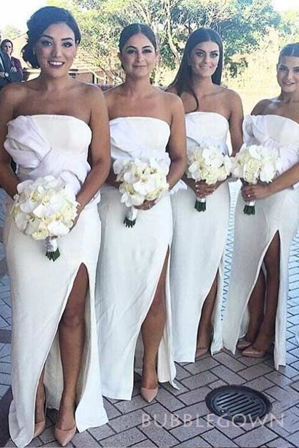 Strapless Mermaid White Long Custom Side Slit Bridesmaid Dresses, BGB0133