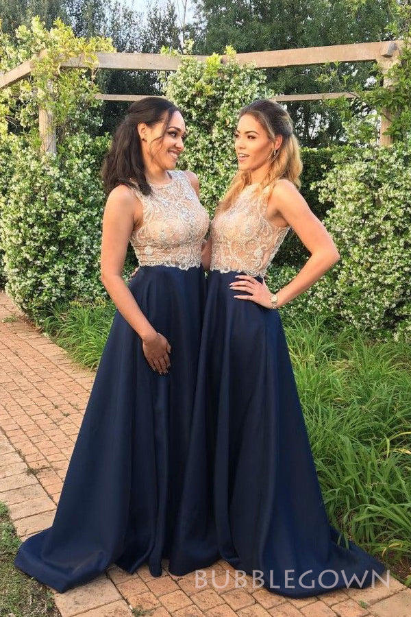 Formal Navy Blue Satin A-line Long Custom Bridesmaid Dresses, BGB0134