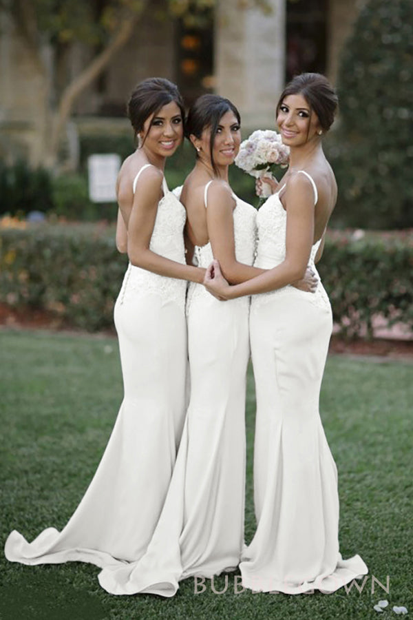 Sweetheart White Appliques Spagheti Straps Mermaid Long Custom Bridesmaid Dresses, BGB0141