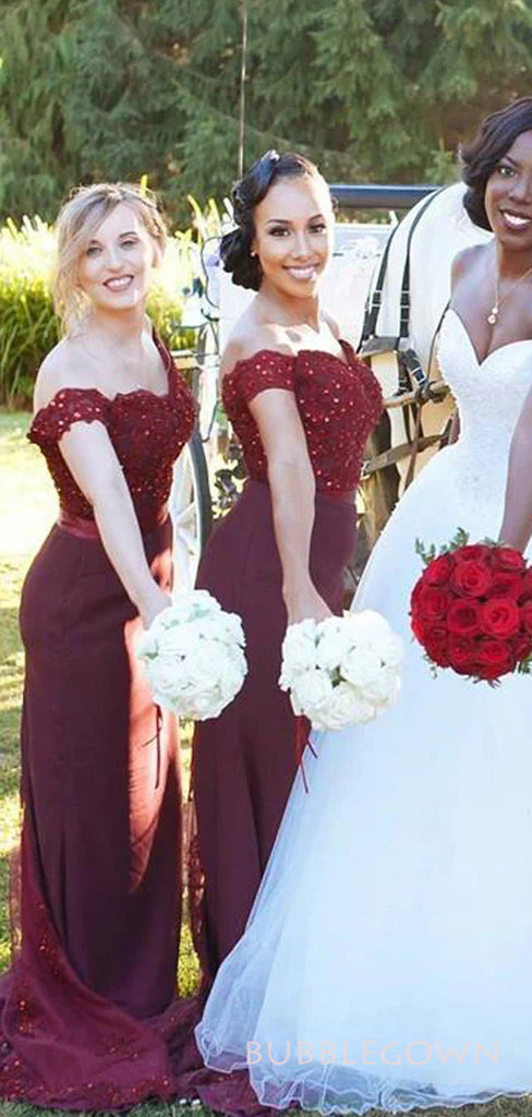 Mermaid Burgundy Off Shoulder Appliques Long Custom Bridesmaid Dresses, BGB0142