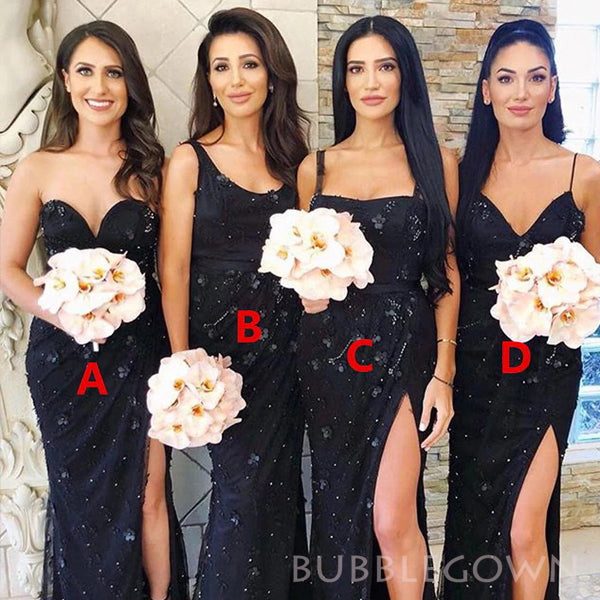 Mismatched Navy Blue Mermaid Long Custom Side Slit Bridesmaid Dresses, BGB0147