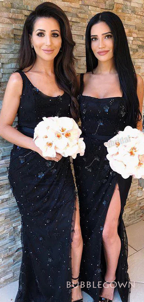 Mismatched Navy Blue Mermaid Long Custom Side Slit Bridesmaid Dresses, BGB0147