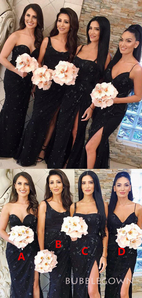 Mismatched Navy Blue Mermaid Long Custom Side Slit Bridesmaid Dresses, BGB0147