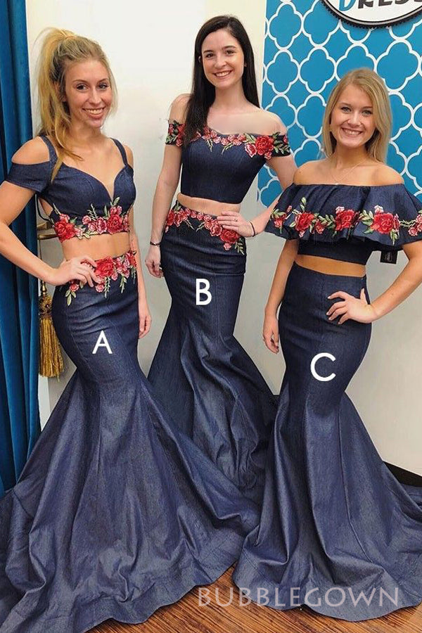 Two Pieces Navy Blue Mermaid Long Custom Bridesmaid Dresses, BGB0148