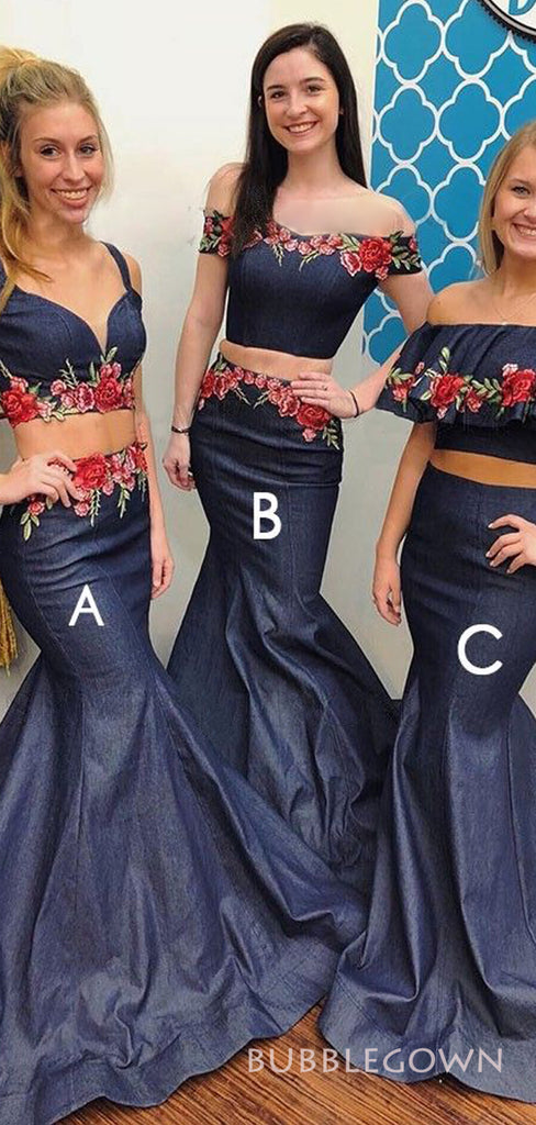 Two Pieces Navy Blue Mermaid Long Custom Bridesmaid Dresses, BGB0148