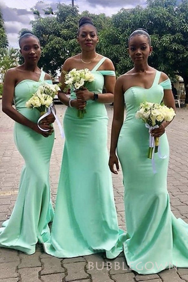 One Shoulder Mint Green Sweetheart Long Custom Mermaid Bridesmaid Dresses, BGB0156