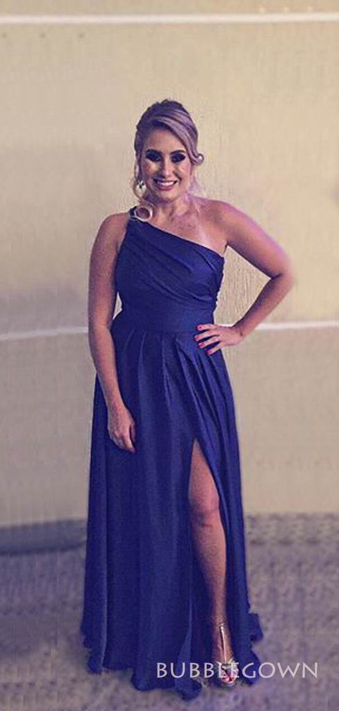 Simple Navy Blue A-line Long Custom Side Slit Bridesmaid Dresses, BGB0159